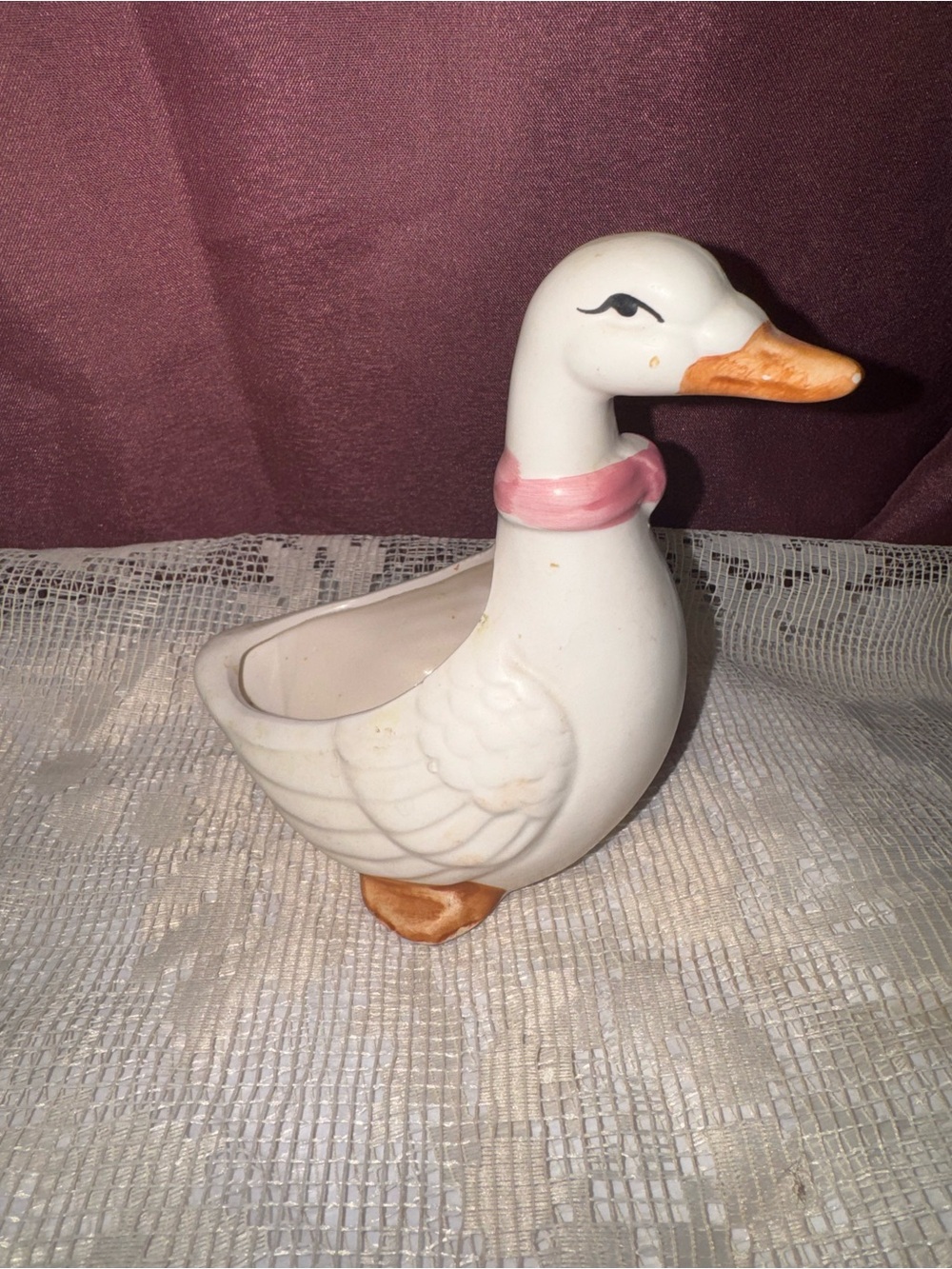 Vintage 1980s Ceramic Goose Planter with Pink Bow